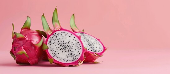 Wall Mural - Dragon fruit cut in half, put on a pastel background. with copy space image. Place for adding text or design