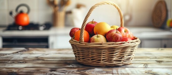 Aufkleber - Basket with fresh fruits on wooden table in kitchen. with copy space image. Place for adding text or design