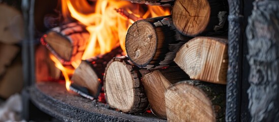 Poster - firewood burning in a stove. with copy space image. Place for adding text or design