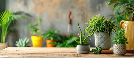 Poster - Houseplants and gardening tools on wooden table. with copy space image. Place for adding text or design