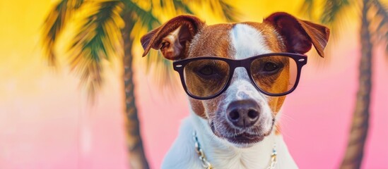portrait dog closeup Isolated on pastel background, wearing glasses, with the reflection of palm trees. with copy space image. Place for adding text or design