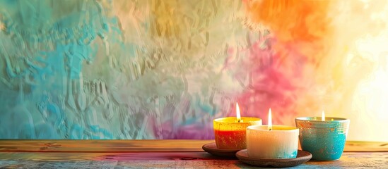 Sticker - Burning candles on table near color wall. with copy space image. Place for adding text or design
