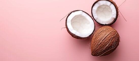 Aufkleber - Ripe half cut coconut on a pastel background. Ripe half cut coconut on a pastel background. Coconut cream and oil. with copy space image. Place for adding text or design