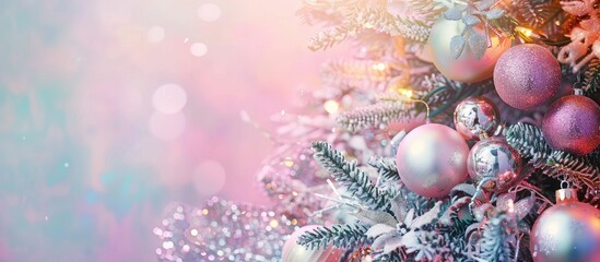 Sticker - Baubles, lights and other decoration on Christmas's tree. pastel background. with copy space image. Place for adding text or design