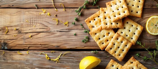 Aufkleber - Thyme and lemon crackers with a wooden table background pastel background. with copy space image. Place for adding text or design