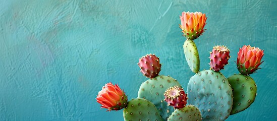 Wall Mural - Prickly pear cactus with five fruits on it pastel background. with copy space image. Place for adding text or design