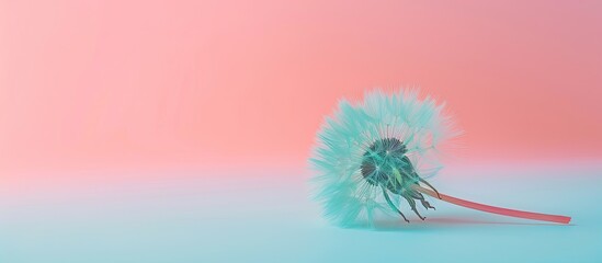 Fototapete - One green dandelion petal lies on a pastel background. with copy space image. Place for adding text or design