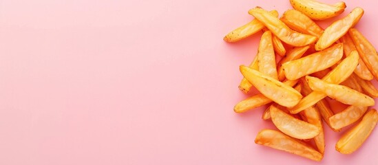Wall Mural - deep fried sliced potatoes stick Isolated on pastel background. with copy space image. Place for adding text or design
