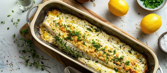 Aufkleber - Baked fish in the oven, sprinkled with herbs and grated cheese. Tasty food in ceramic ware on a wooden board. Isolated on pastel background. with copy space image. Place for adding text or design