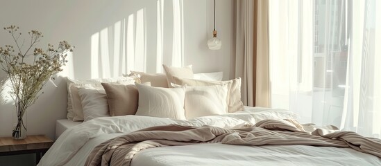 Aufkleber - Double bed with pillows in interior of the modern bedroom in loft flat in light color style of expensive apartments. with copy space image. Place for adding text or design