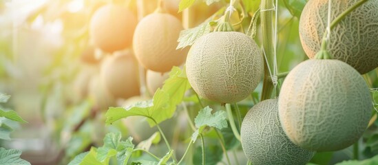 Aufkleber - Fresh melons or green melons or cantaloupe melons plants growing in greenhouse supported by string melon nets.  Image pastel background. with copy space image. Place for adding text or design