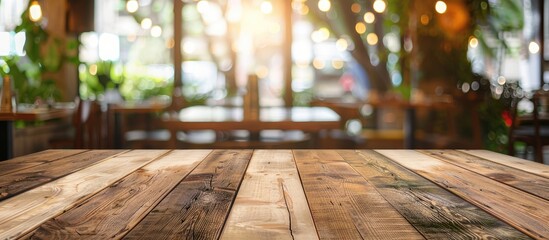 Aufkleber - Selected focus empty brown wooden table and Coffee shop or restaurent blur background with bokeh image. for your photomontage or product display. with copy space image