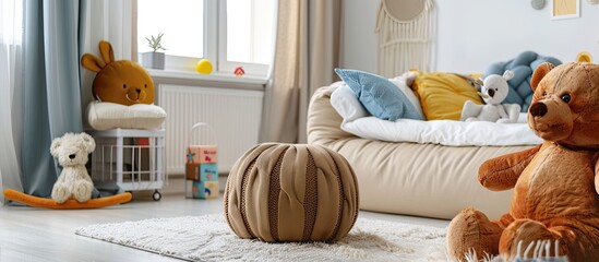 Aufkleber - Interior of modern room in house furnished with comfortable sofa and bed and settee with cushions near poufs and plush toy on carpet. with copy space image. Place for adding text or design