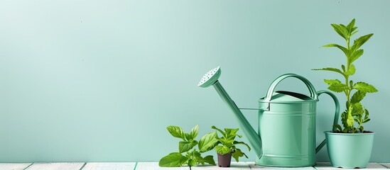 Fototapete - Small plantings with watering can pastel background. with copy space image. Place for adding text or design