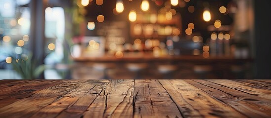 Aufkleber - Coffee shop blur background with bokeh and brown wood table image. with copy space image. Place for adding text or design