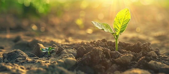 Wall Mural - Young plant growing on dry soil with green background under the sunlight. Earth day concept. Copy space image. Place for adding text or design