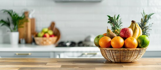 Aufkleber - Basket with fresh fruits on wooden table in kitchen. with copy space image. Place for adding text or design