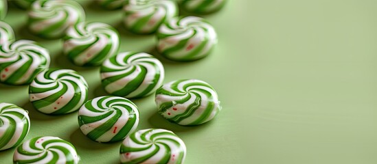 Wall Mural - Green swirl peppermint candies over pastel background. with copy space image. Place for adding text or design