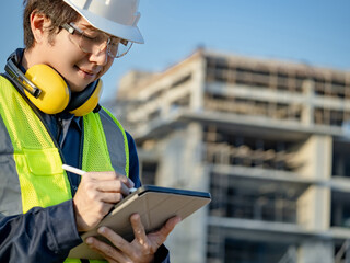 Asian male site engineer or building inspector man with green reflective vest, safety helmet, goggles and earmuffs using digital tablet inspecting working process at construction site.