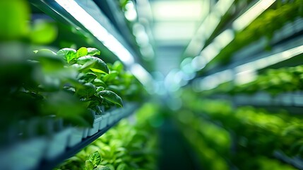 Wall Mural - trailer shot, High-tech vertical farm with green plants growing in stacked rows inside an indoor industrial warehouse, background blur, high resolution photography, high quality details, stock photo, 