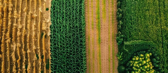 Fototapete - Aerial image of agricultural test plots with different sorts of cereal crops, hybrids, shoot from drone. with copy space image. Place for adding text or design