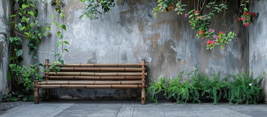Wall Mural - The Bamboo Bench in Front of the Wall with Ivy and The Beautiful Flowers. with copy space image. Place for adding text or design