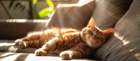 Wall Mural - Fluffy red domestic cat sleeping in the sunlight on the sofa. with copy space image. Place for adding text or design