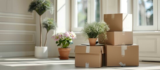 Aufkleber - Pile of carton boxes with household stuff in light living room on moving day. Near two flowers in pots. Background window. with copy space image. Place for adding text or design