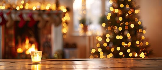 Poster - blurred background of decorated glowing Christmas tree and fireplace. with copy space image. Place for adding text or design