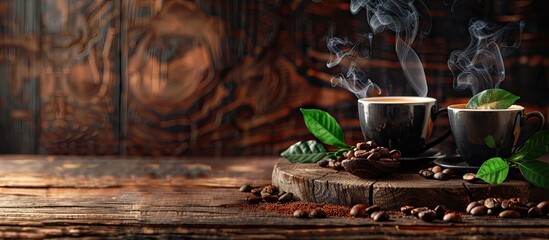 Aufkleber - Cups of coffee with smoke and coffee beans on old wooden background. Copy space image. Place for adding text or design