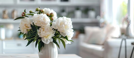 Canvas Print - Cozy home interior decorating - vase with white peonies on a kitchen table. with copy space image. Place for adding text or design