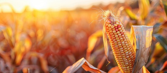 Fototapete - A selective focus picture of corn cob in organic corn field. with copy space image. Place for adding text or design