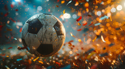 Soccer ball ! Close up of a soccer ball in the center of the football stadium illuminated by the headlights with falling confetti. Goal Winning celebration as its peak moment