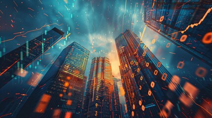 Wall Mural - skyscrapers and financial data in a photo manipulation, against a cloudy backdrop, illustrating the intricacies of the stock market.