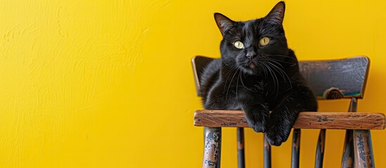 Canvas Print - Black cat on a wooden chair with a soft seat pastel background. Copy space image. Place for adding text and design