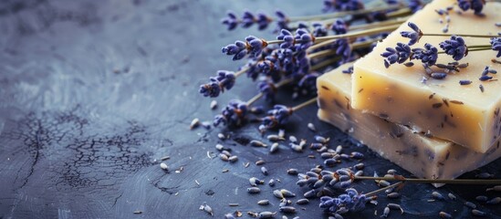 Poster - Handmade soap with dried lavender flowers. Closeup. Eco-friendly, minimalistic, natural. Copy space image. Place for adding text or design