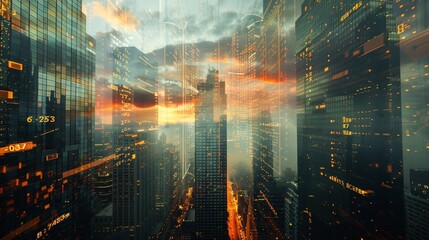 Wall Mural - skyscrapers and financial charts against a cloudy sky, encapsulating the volatility and complexity of the stock market.