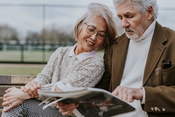 Sticker - Diverse senior couple reading the news outdoors