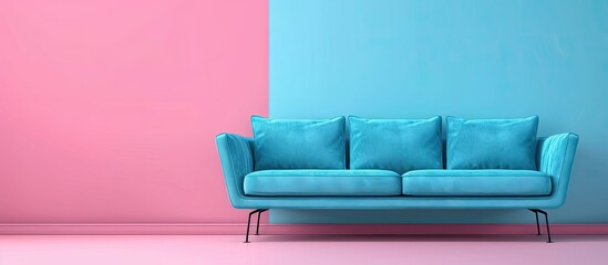 Wall Mural - Nave blue modern color suede couch sofa Isolated on pastel background. Copy space image. Place for adding text and design
