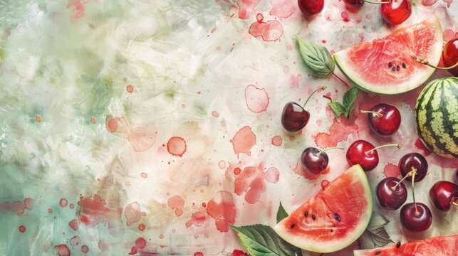 Watermelon slices and cherries on a colorful background with copy space. Summer fruit and berries.