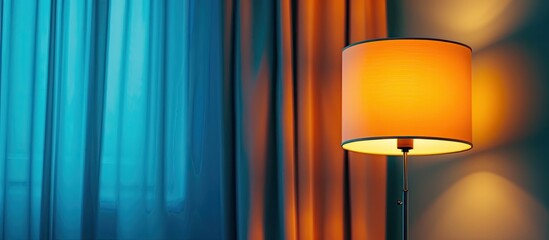 Poster - Modern lamp with blue curtain. Warm orange light. Copy space image. Place for adding text and design