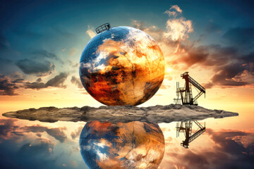 Wall Mural - An oil rig stands silhouetted against a fiery sunset, a giant globe of the Earth reflecting the devastation of resource extraction in the water below
