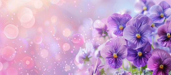 Sticker - A bundle of blooming viola odorata flowers pastel background. Copy space image. Place for adding text and design