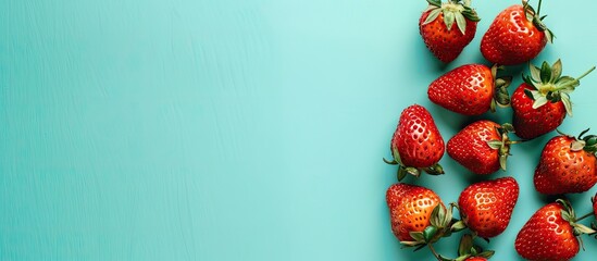 Canvas Print - Strawberries, small red strawberries on a deep pastel background. Copy space image. Place for adding text and design