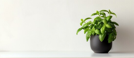 Poster - Basil pot on white wall. Copy space image. Place for adding text and design