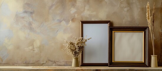 Wall Mural - Photo frames on table on beige background. Copy space image. Place for adding text and design