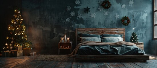 Poster - bedroom with christmas new year tree decoration bed. Copy space image. Place for adding text and design