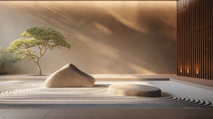 Poster - A minimalist Zen garden with white sand, stone accents, and a small tree, bathed in natural light