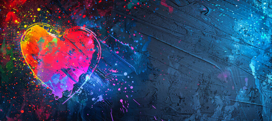 Wall Mural - A vibrant rainbow heart painted in bold strokes against a dark blue canvas with a splatter effect