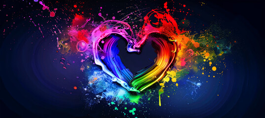 Wall Mural - A vibrant rainbow heart, filled with swirling paint, explodes outwards against a dark blue background